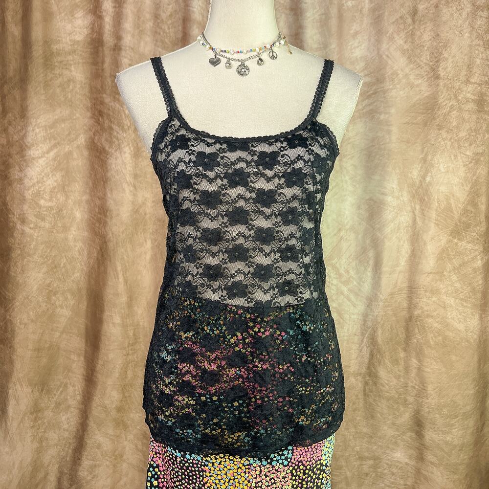 Y2K Floral Lace Mesh Cami Tank Top Black Sheer Romantic Goth Pinup 2000s Indie